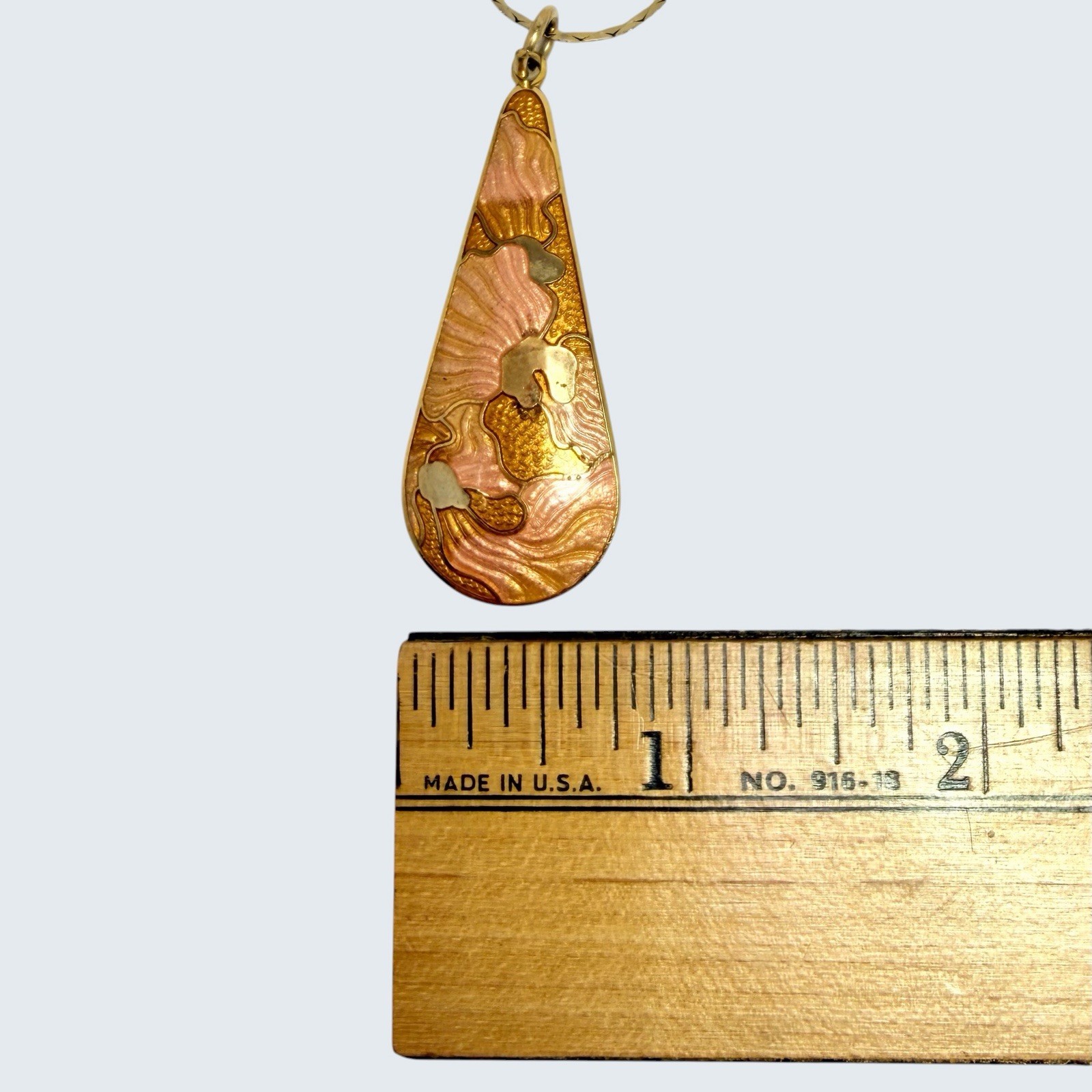 Vtg 80s Cloisonne Teardrop Pendant Necklace Pink Coral Gold Floral Enamel