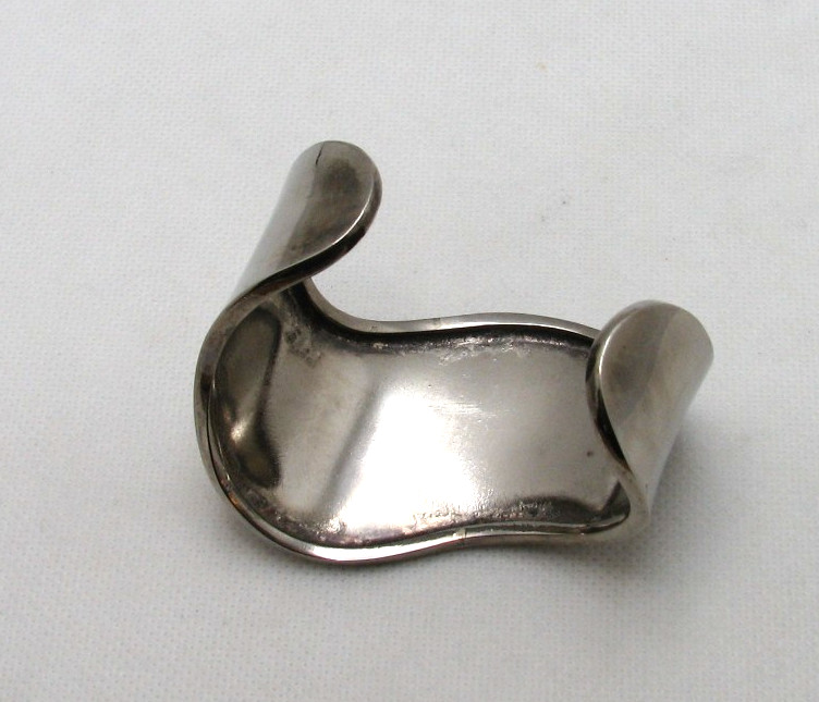 Vintage Hand Forged Polished Silver Tone Wave Cuff Bracelet Large