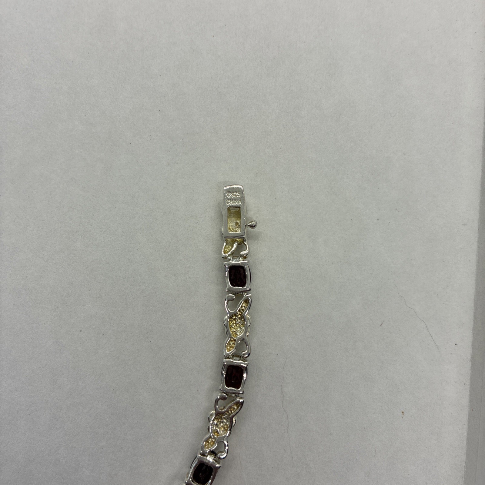 Vintage 925 Sterling Silver Red Garnet Gemstone Floral Link Bracelet