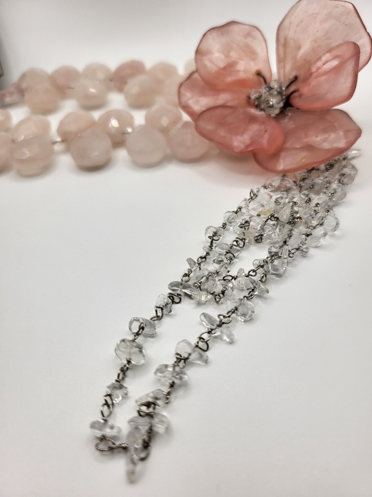 STUNNING Vintage MAYA Faceted Rose Quartz Rock Crystal Large Flower Necklace