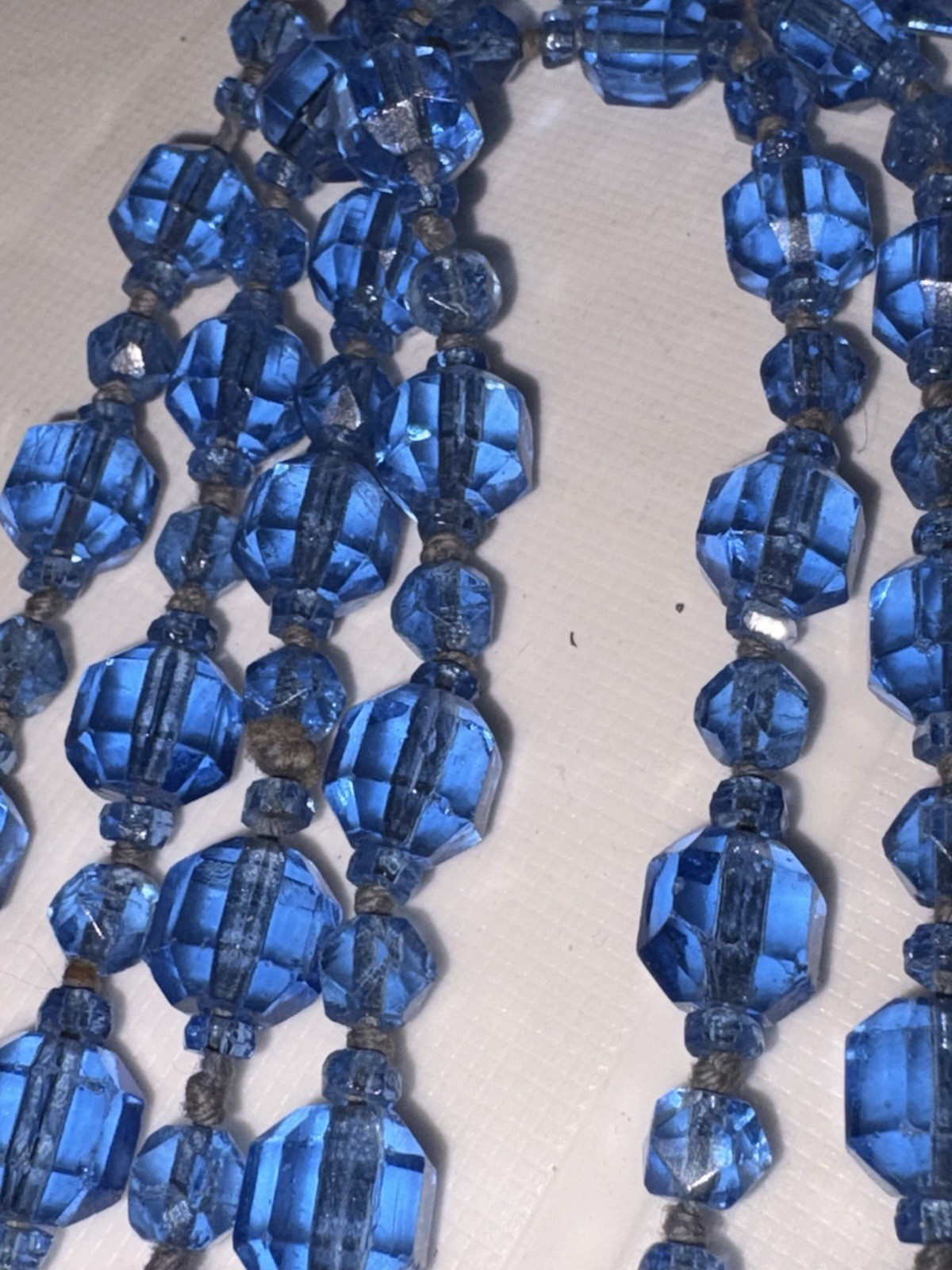 Antique 1920s Flapper Czech Glass Long Necklace Ceylon Sapphire Blue Beads 64”