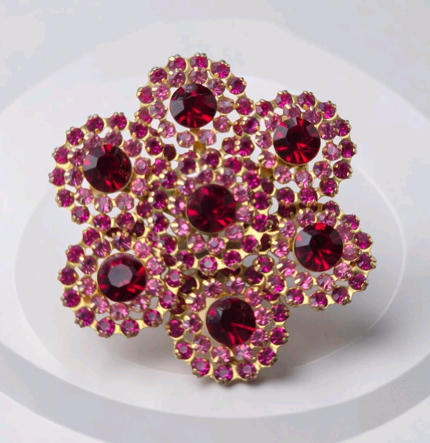 Vintage Mid Century Fuchsia Ruby Red Rhinestone Cluster Flower Brooch Floral