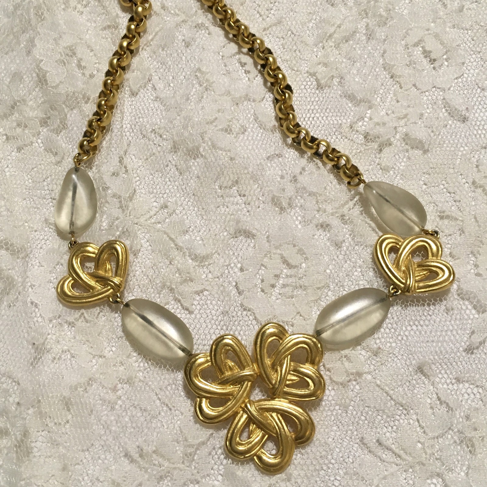 Gold Tone Clear Bead Statement Necklace Floral Open Design Round Links