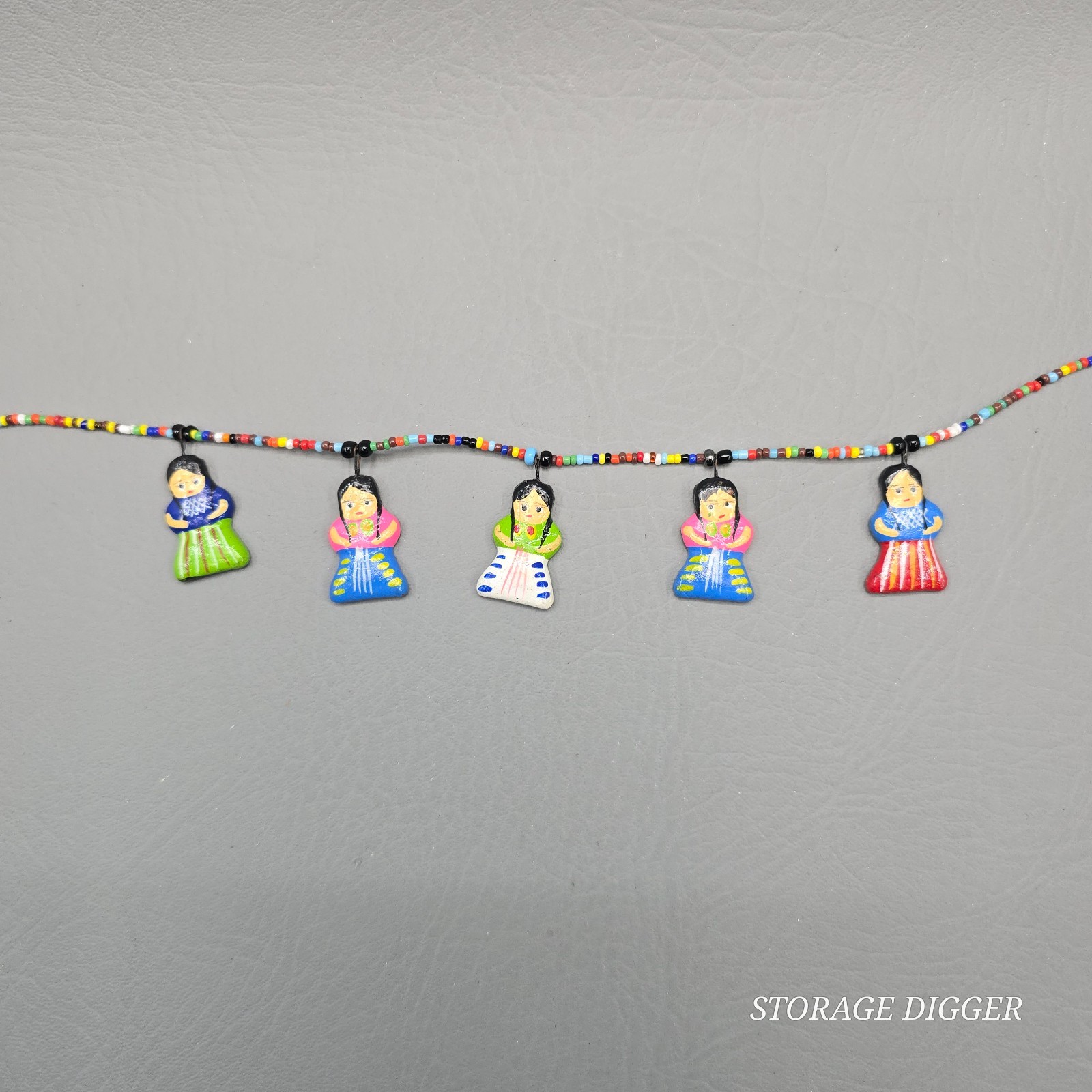 Vintage Folk Art Ceramic Doll Charm Necklace Multicolor Seed Bead Handmade 19″