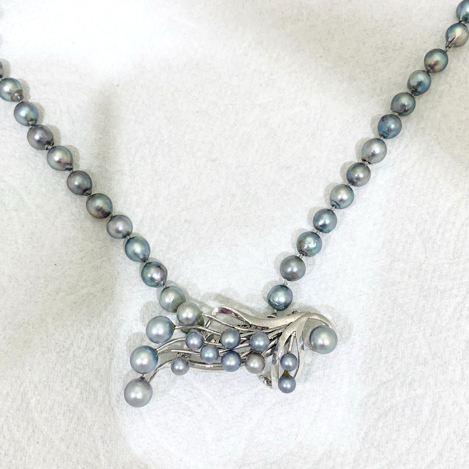 VTG BLUE AKOYA PEARL Necklace SET 10k WG 7mm Baroque Saltwater Pin 3″ SILVER 19″