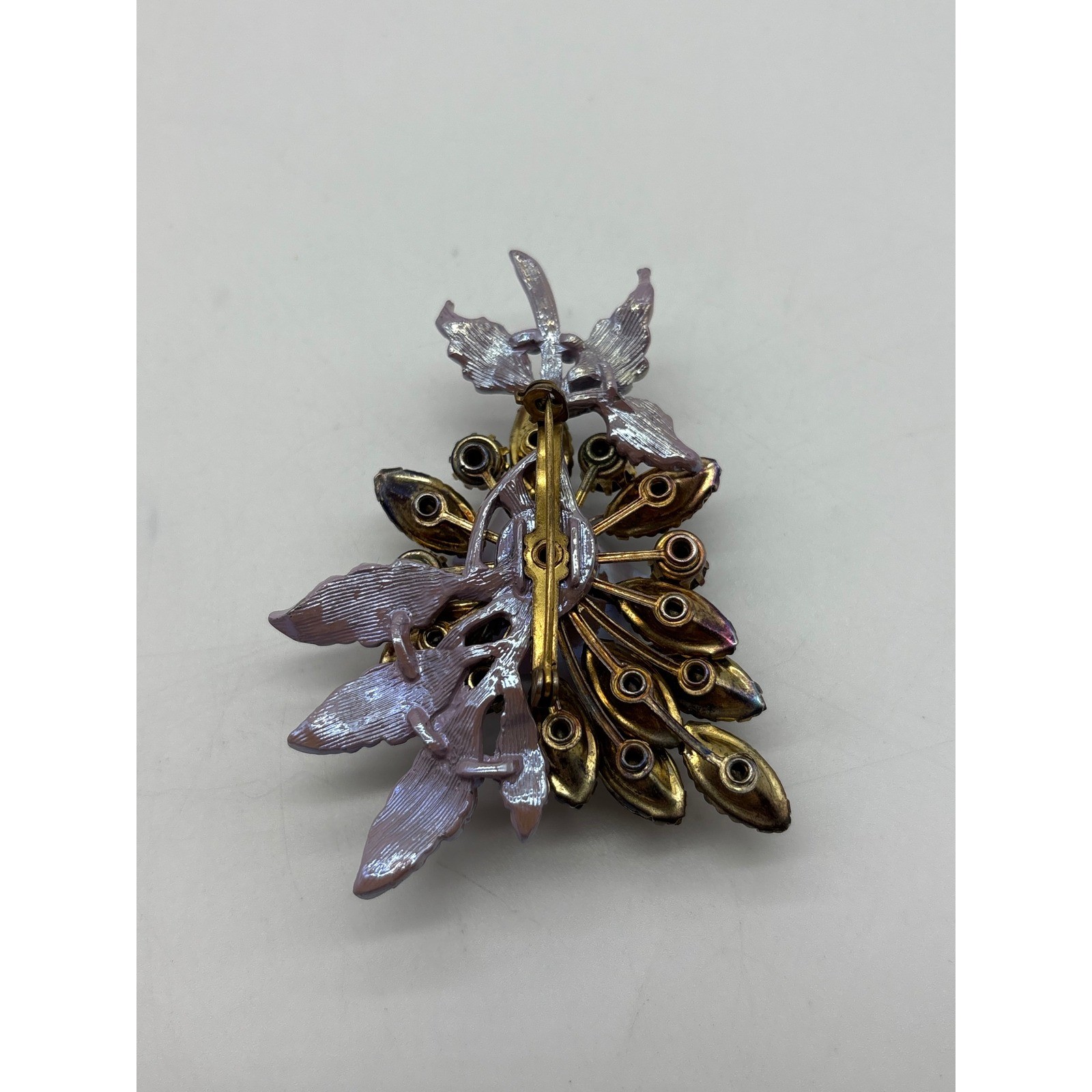 Vintage Purple Enamel Flower Bouquet Brooch Aurora Borealis Rhinestone