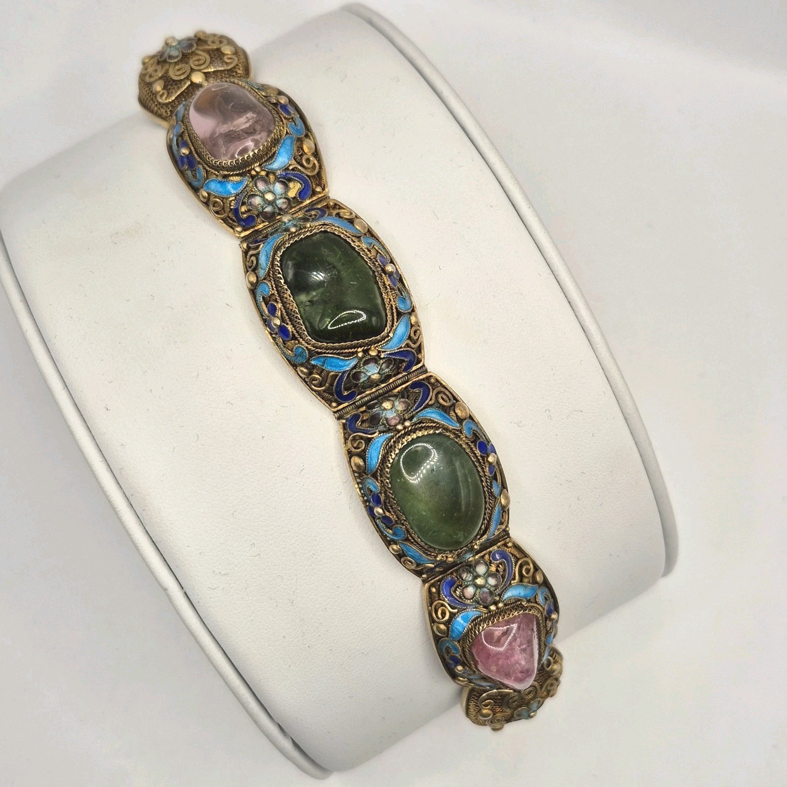 Vintage Silver W/ Gold Wash Chinese Export Tourmaline Enamel Filigree Bracelet