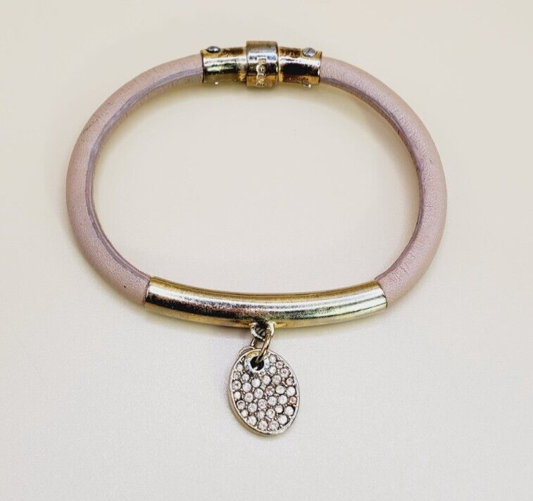Gold Tone Henri Bendel Rhinestone Tan Leather Bracelet 6.25″ te06