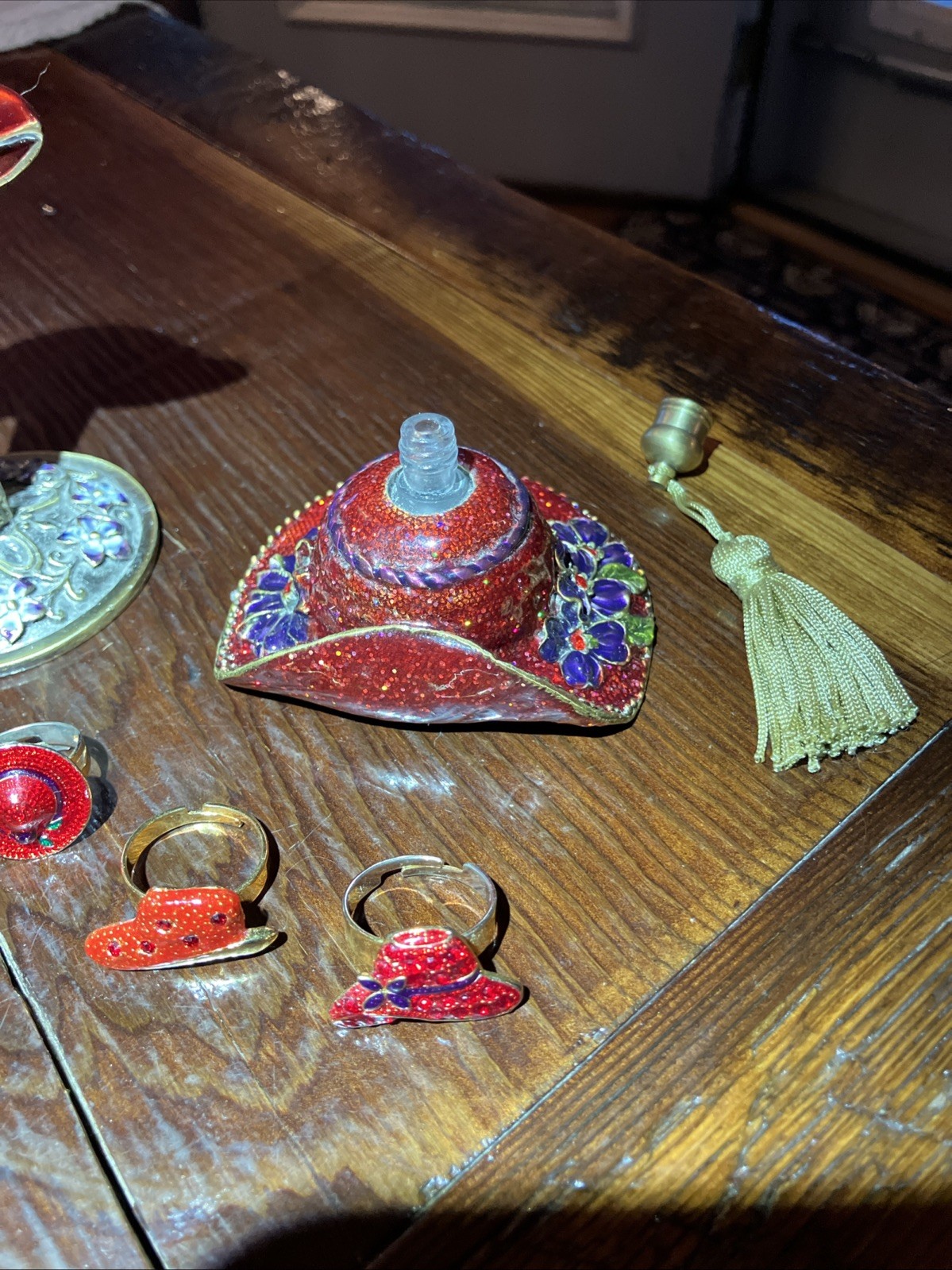 Red Hat Society 3pc + 6 Rings Set Trinket Box Ring Holder Perfume Bottle Vintage