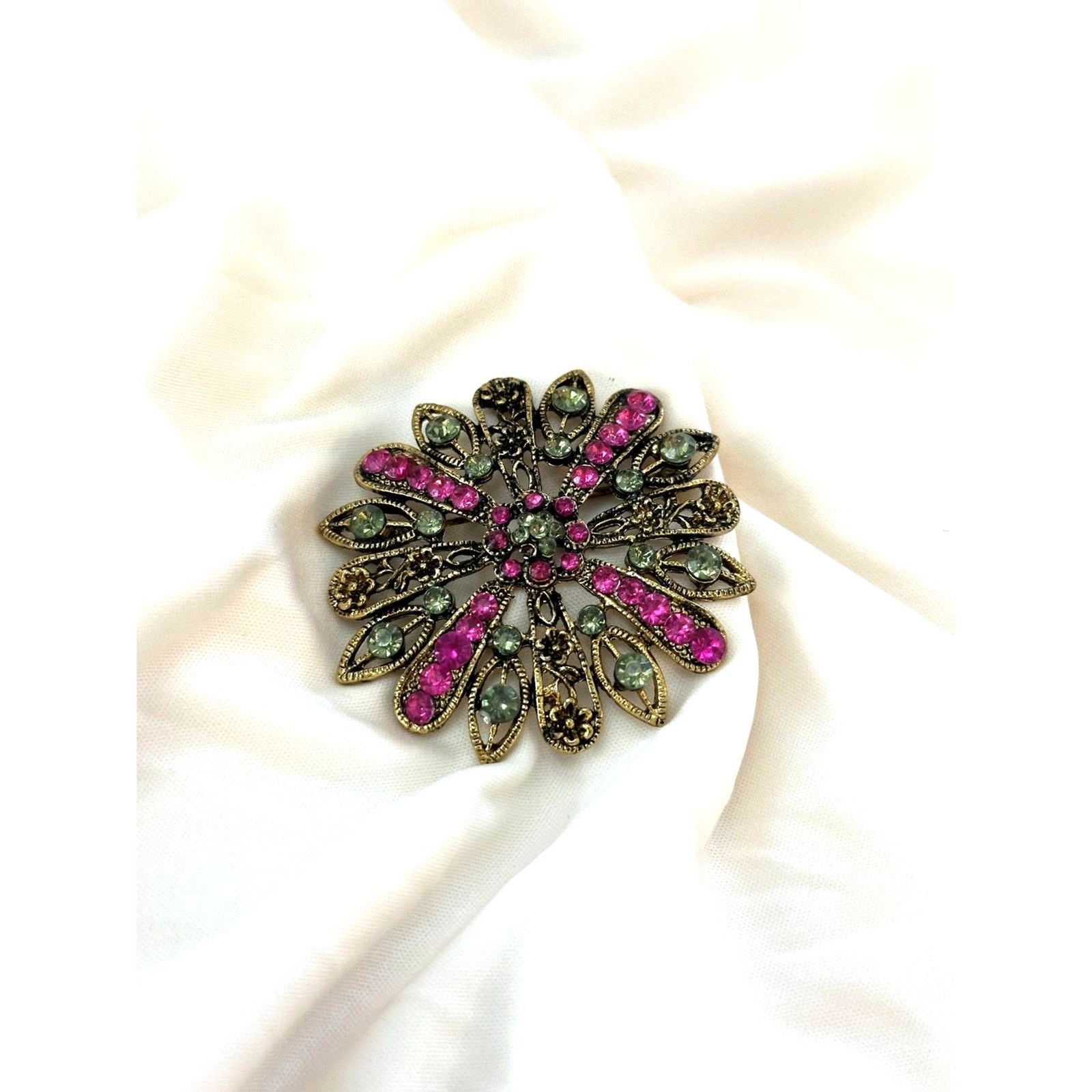 Floral Brooch Pink and Green Rhinestone – Garden Party Whimsical