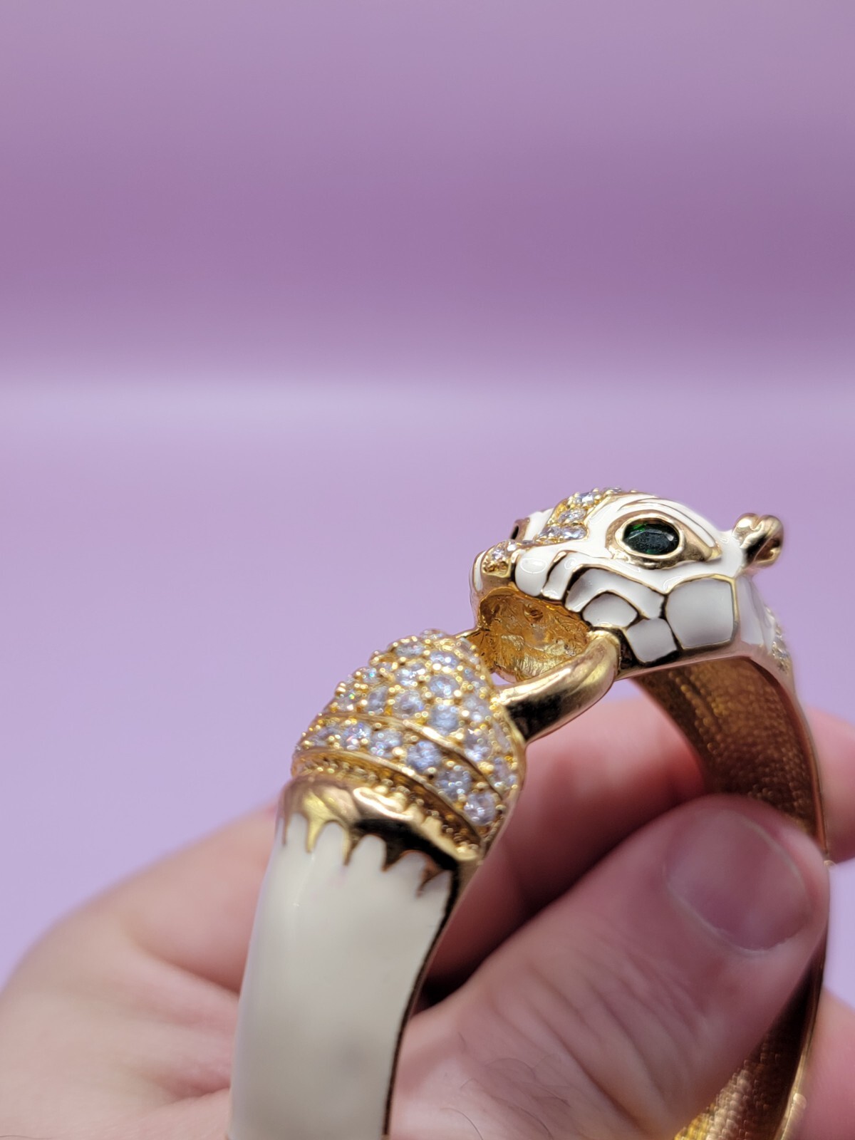 Vintage NOIR Ivory Enamel and Gold Tone PANTHER Head Clamper Bracelet