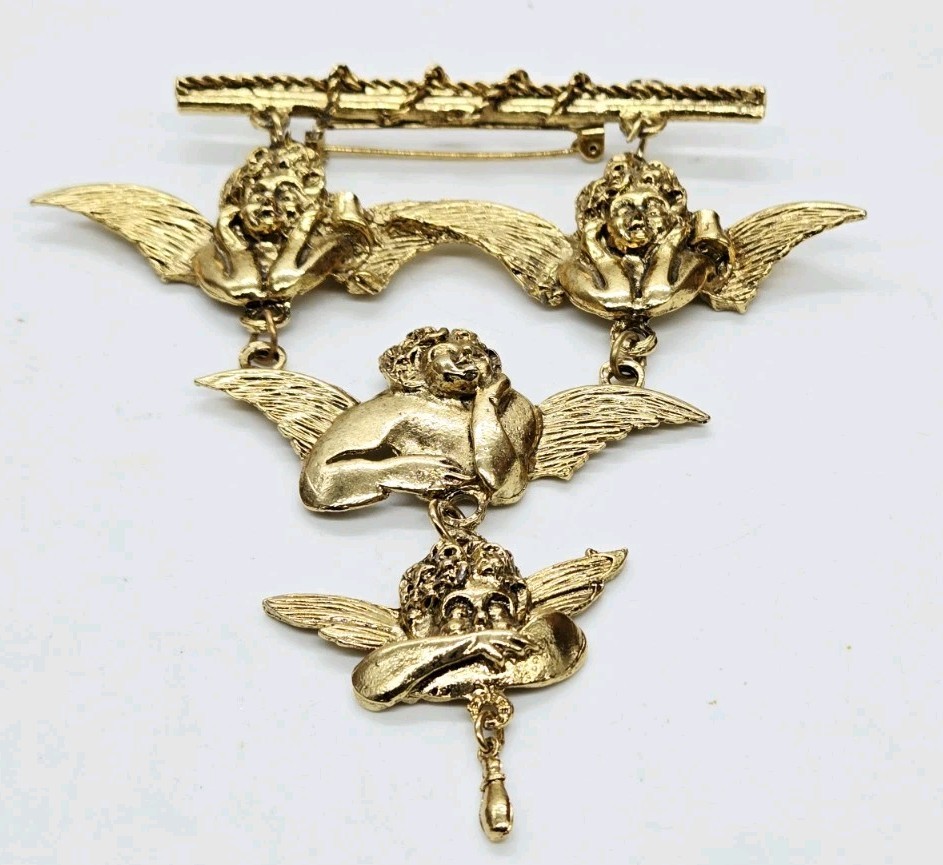 Ultra Craft Angels Cherub Shoulder Brooch Gold tone Huge 4 in Vintage