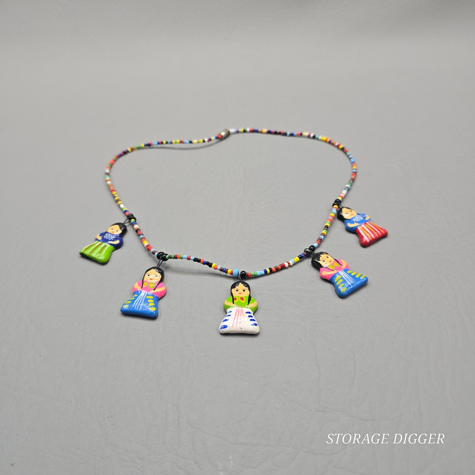 Vintage Folk Art Ceramic Doll Charm Necklace Multicolor Seed Bead Handmade 19″