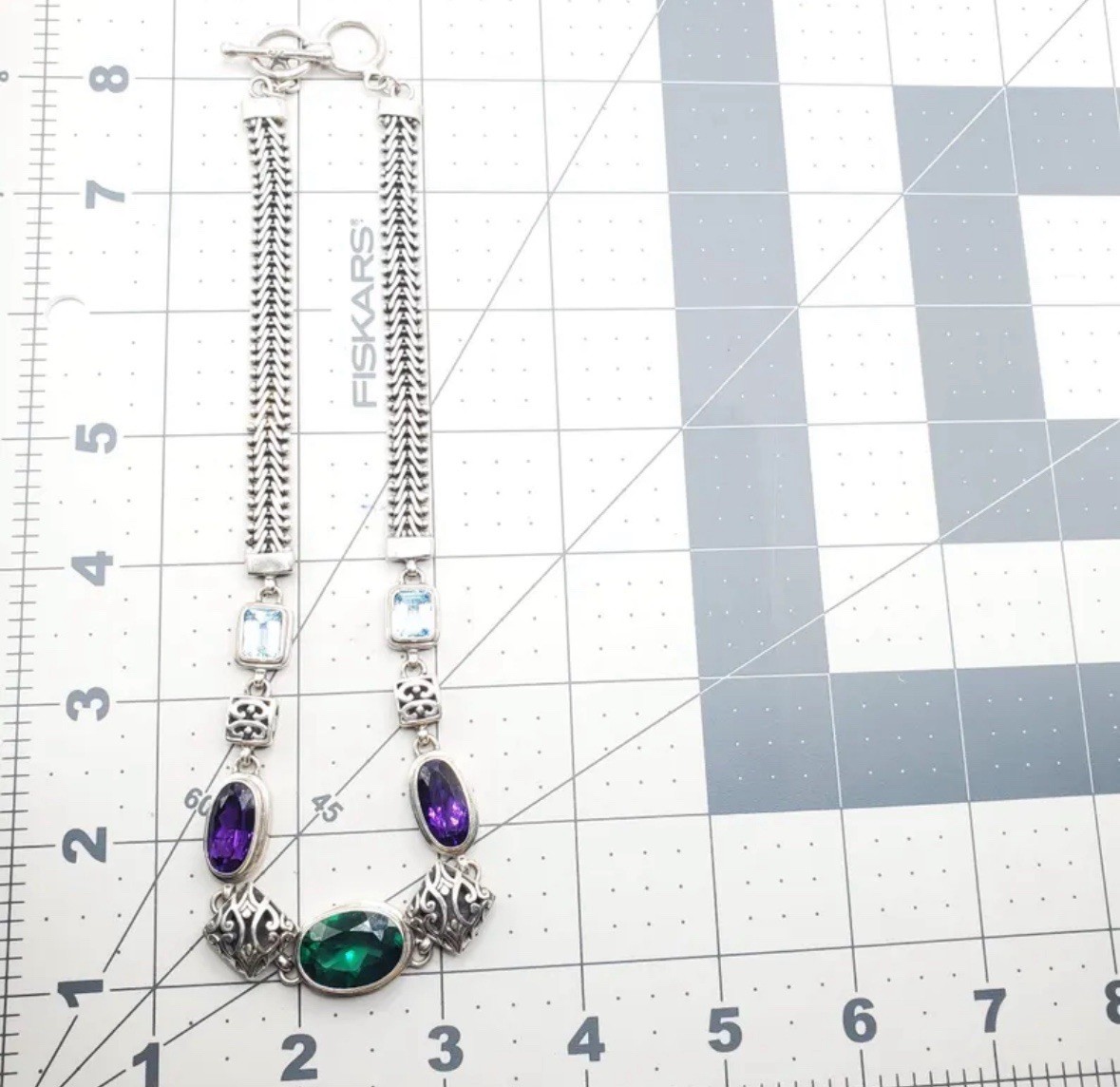 Vintage Sterling Silver Green,Purple,Blue Glass Double Cable Toggle Necklace