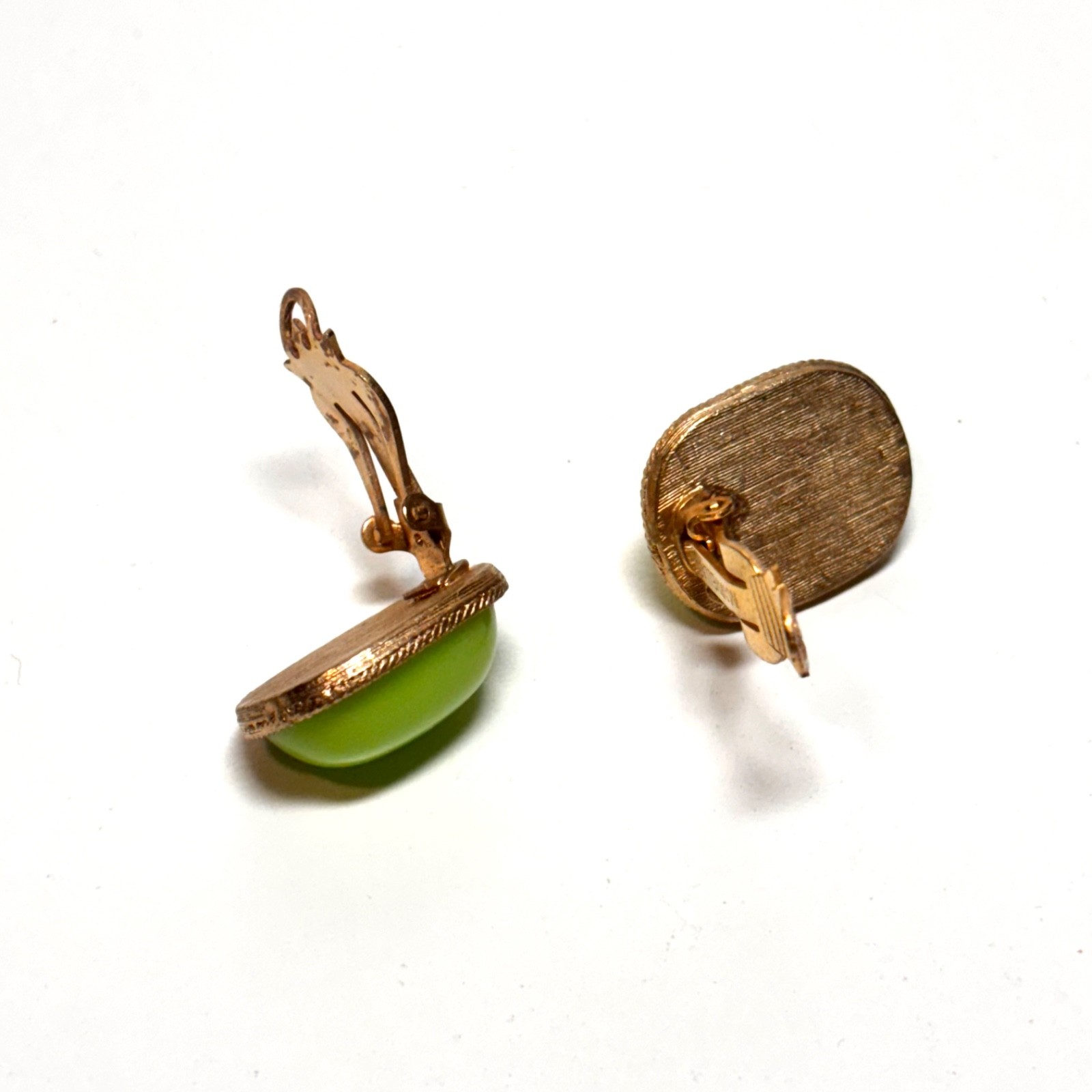 MARVELLA earrings lime green cabochon block ovals goldtone metal clip on vintage