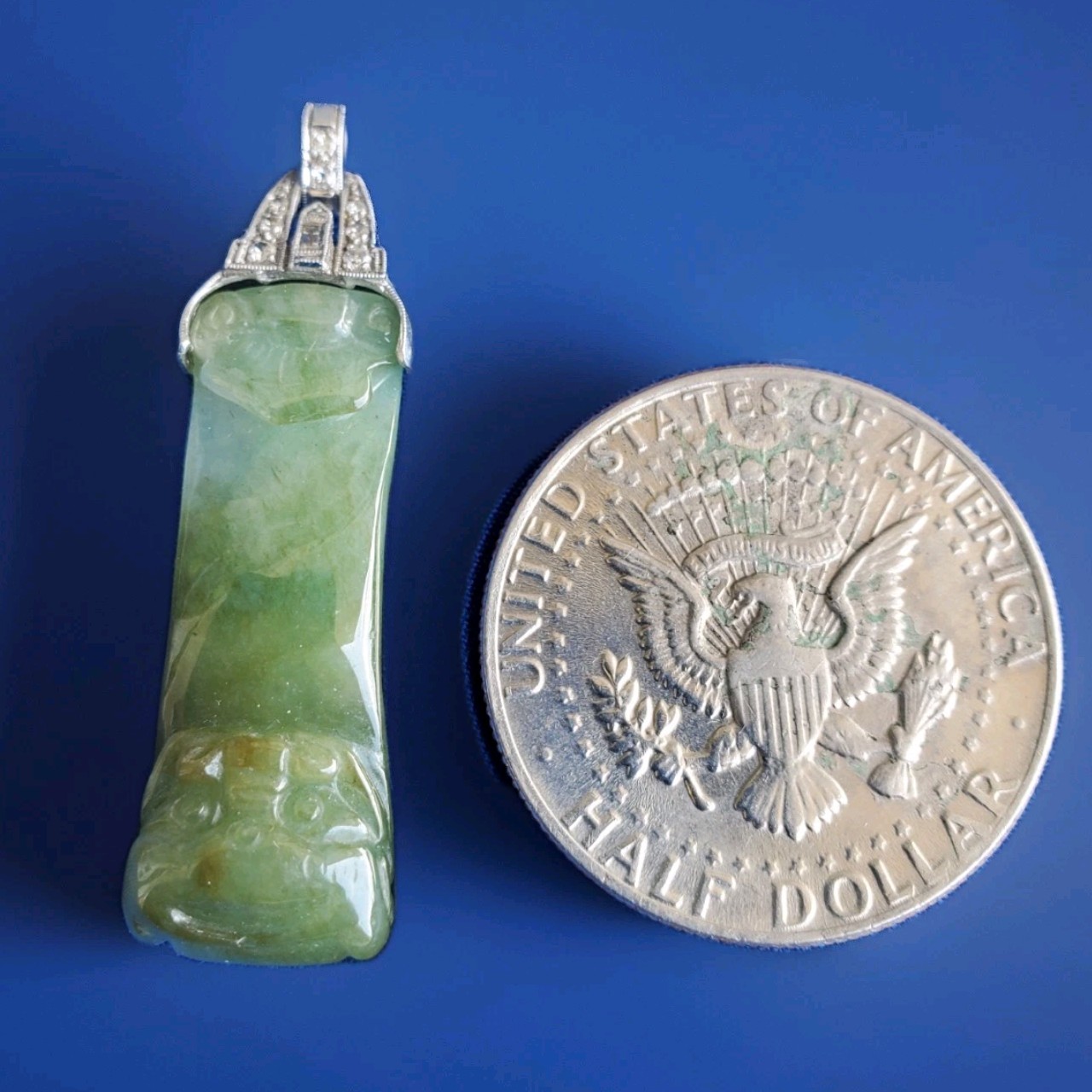 ORIGINAL Antique Green JADE DIAMOND Art Deco Pendant SOLID PLATINUM Medallion