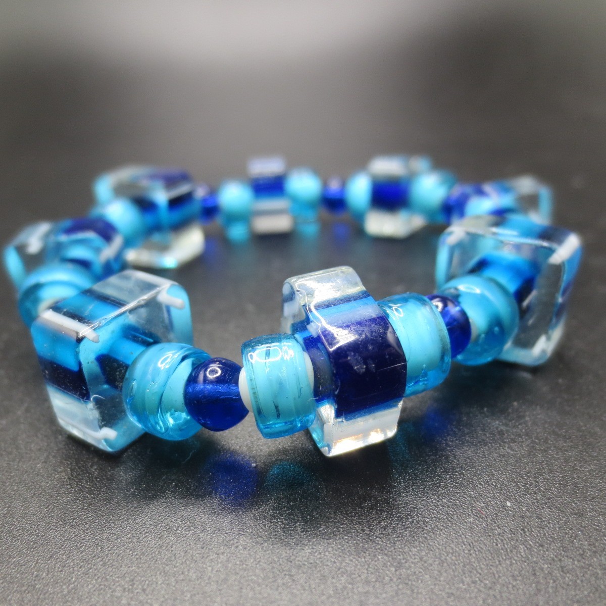 Vtg Striped Square & Small Round Blue Glass Beads Stretch Bracelet Boho
