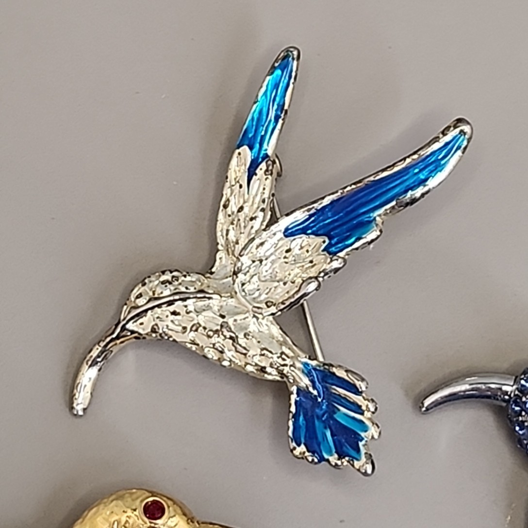 Hummingbird Brooch Lot of 3 Blue Rhinestones Enamel 1.5-2″