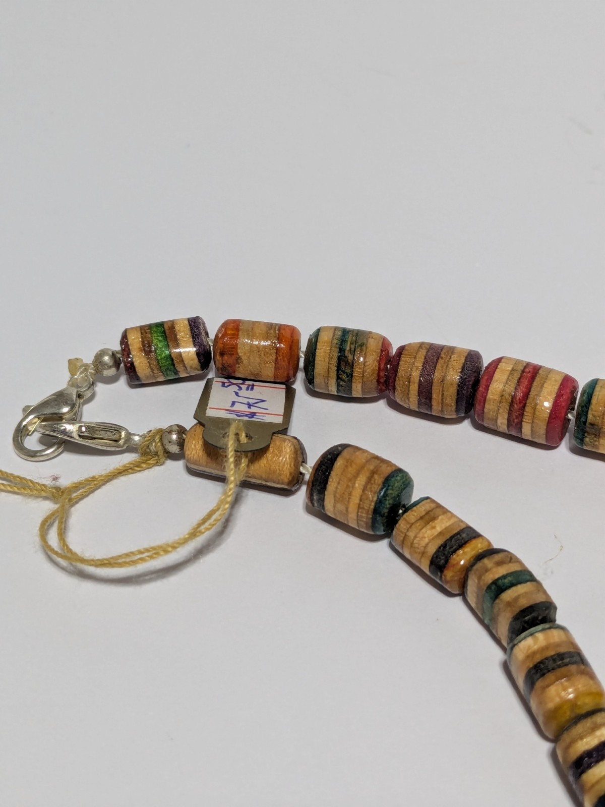 Vintage Multicolor Wood Bead Handmade Necklace. Silver Tone End Caps. 21″ BOHO