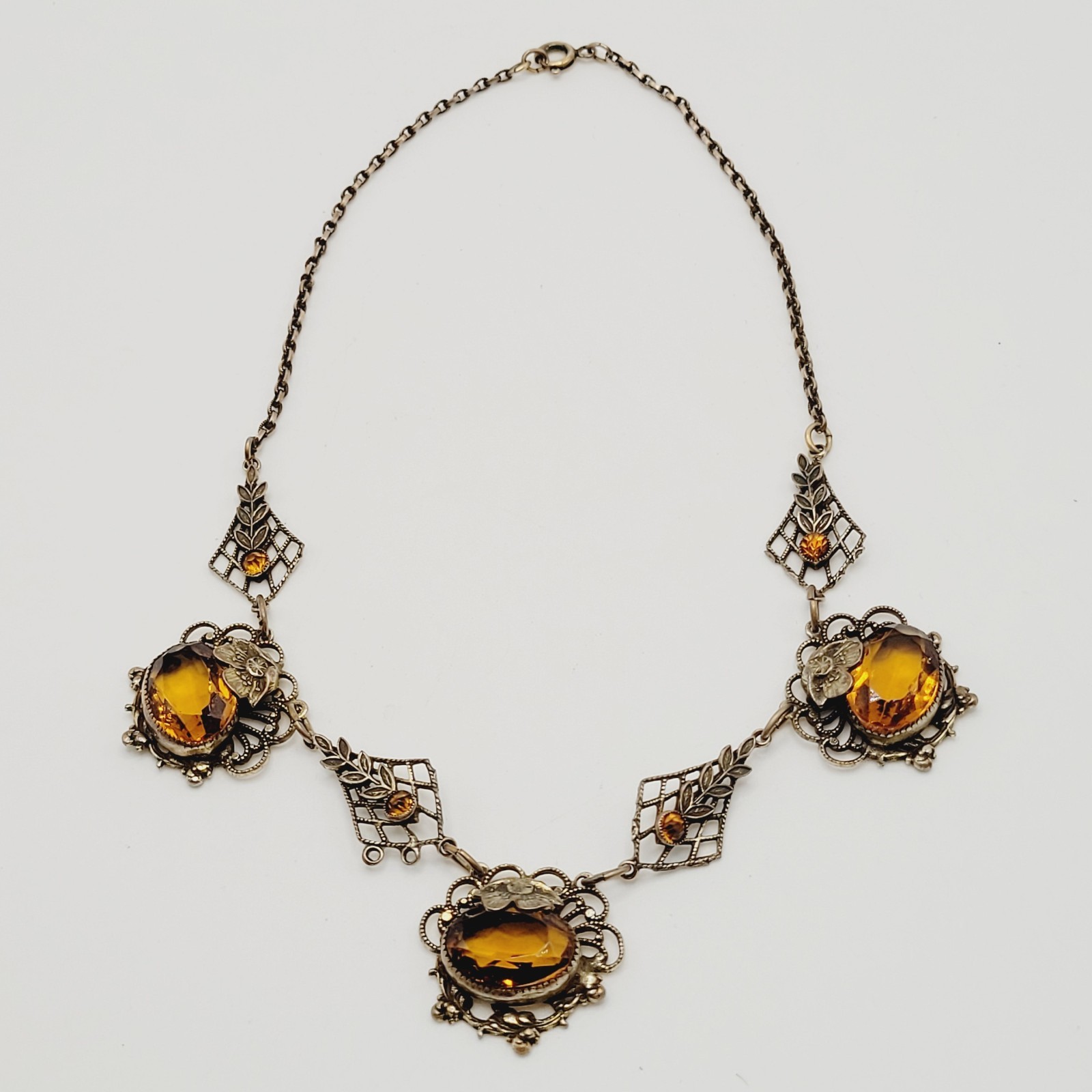 Czech Glass Art Nouveau Deco Flower Motif Brass Festoon Bib Amber Citrine 15 In