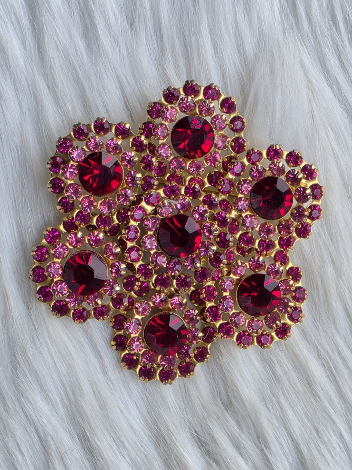 Vintage Mid Century Fuchsia Ruby Red Rhinestone Cluster Flower Brooch Floral