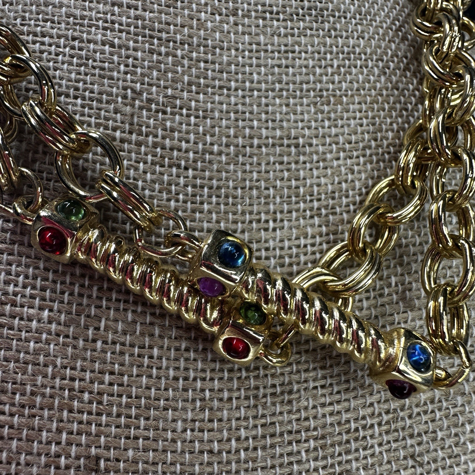 Vintage Necklace Station Bar Goldtone Chain Cabochon Colorful Royal Style 34 in