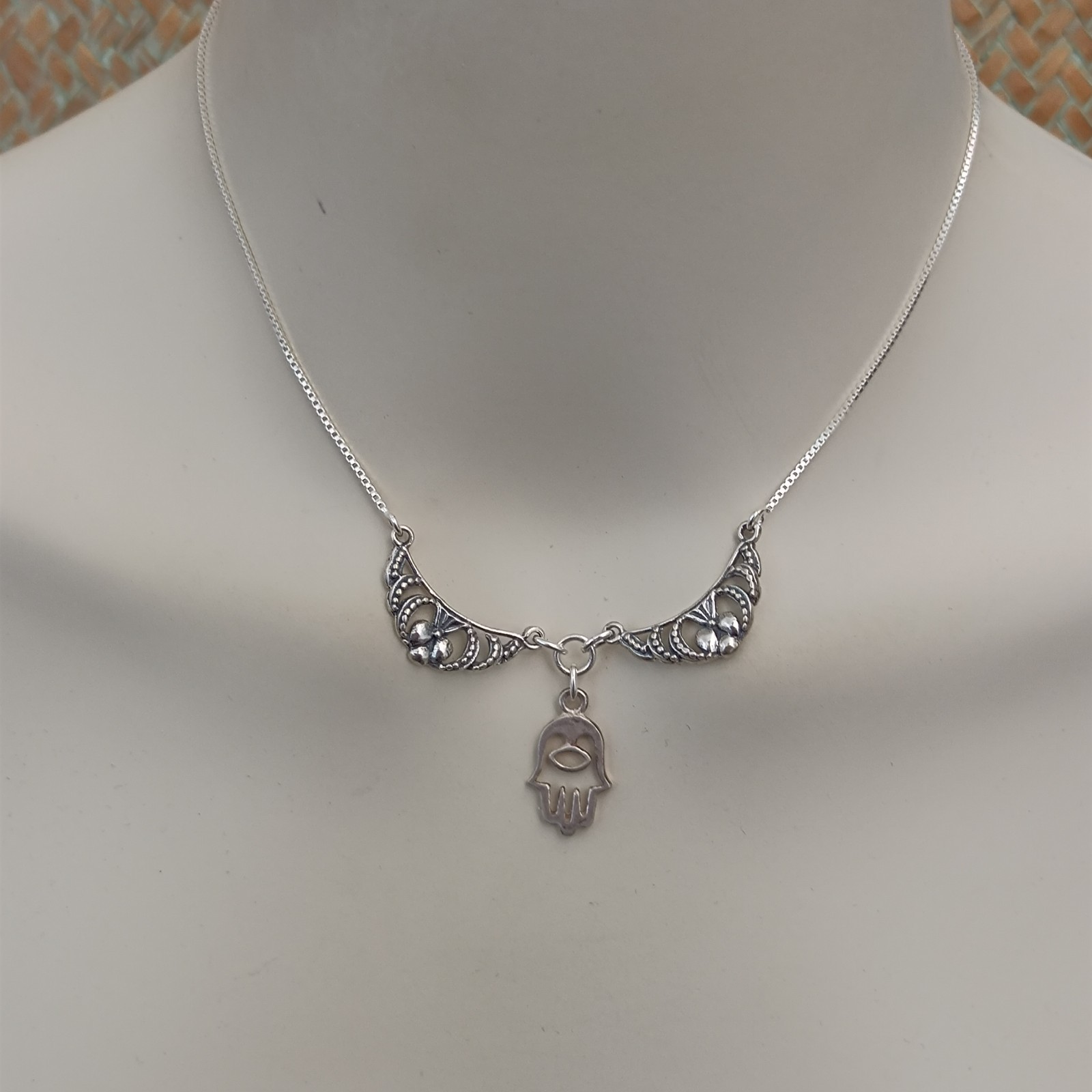 Sterling Silver Hamsa Necklace Hand of Fatima Vintage Ethnic Bib Spiritual Gift