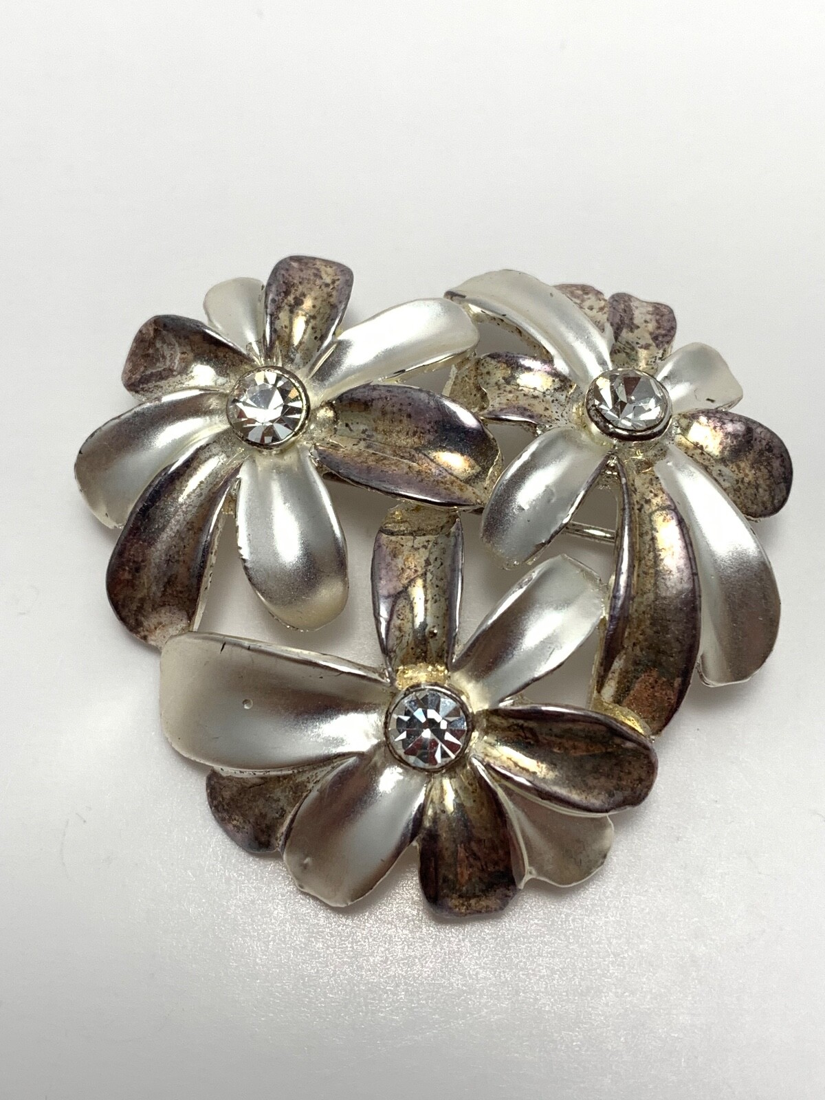 Vintage Silver Tone with White Stone Floral Brooch with Matching Clip Earrings
