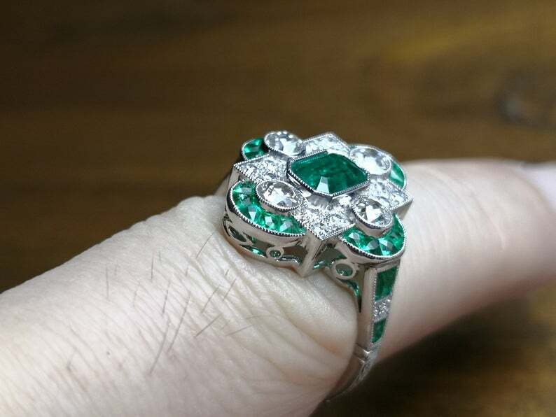 French Art Deco Style Vivid Green Emerald With Shiny White CZ 2.78TCW Fine Ring