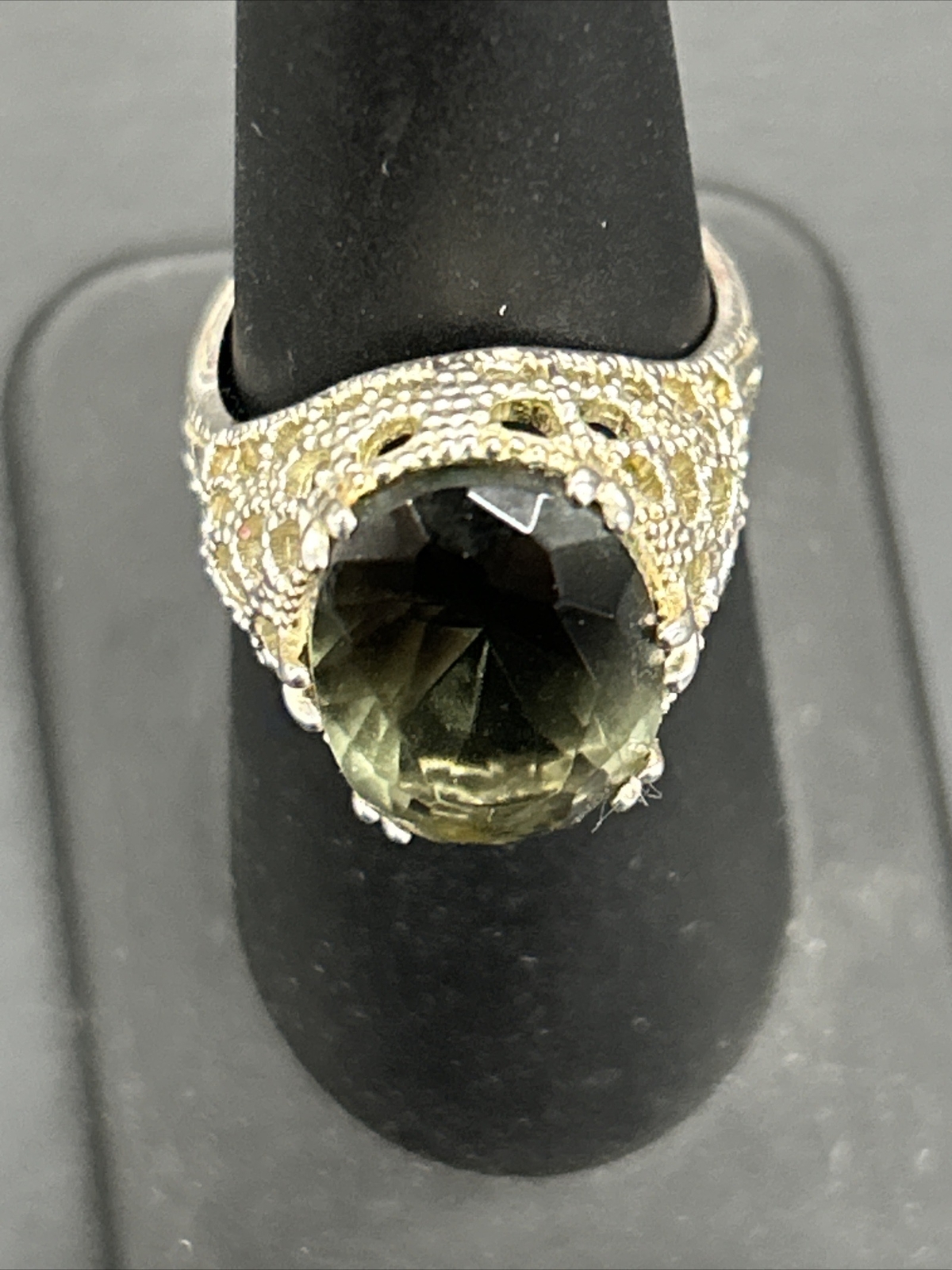Vintage Sterling Filigree Cutout Ring With Smoky Green Stone Size 6-3/4 H19