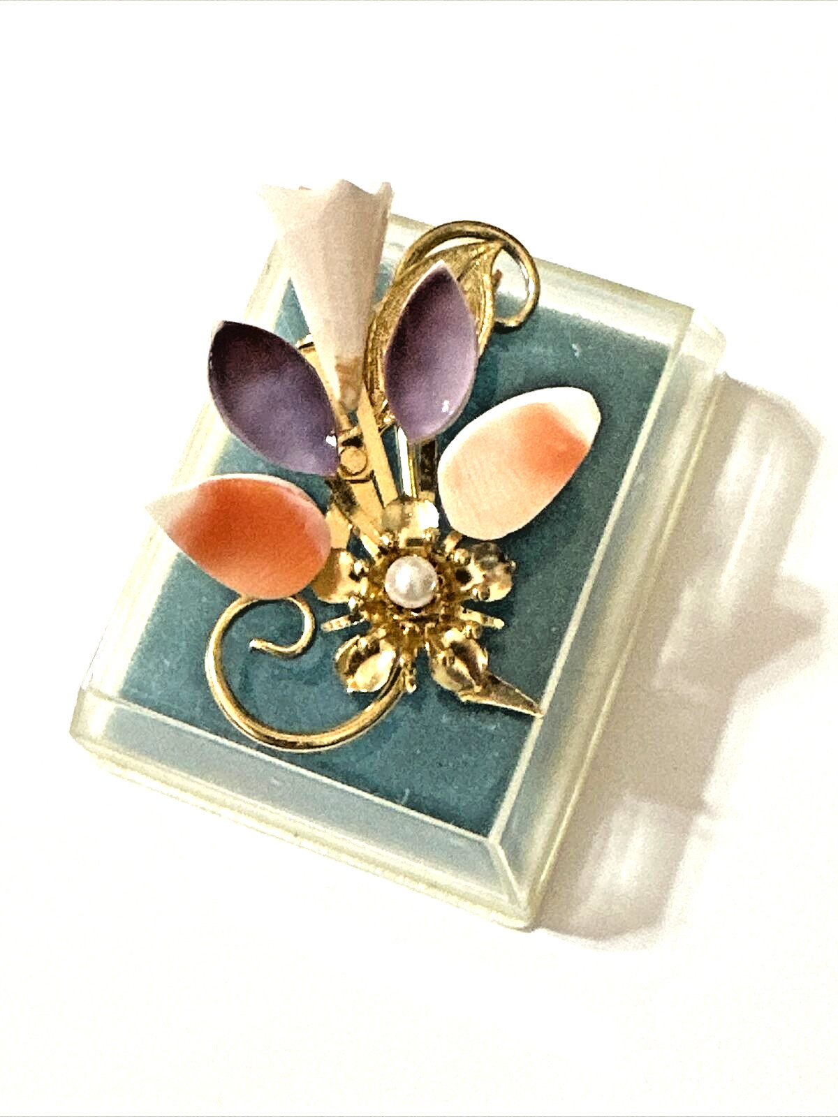 Vintage FLORAL Brooch Pink White Purple Shell Petals Gold Tone w/ Box 2″