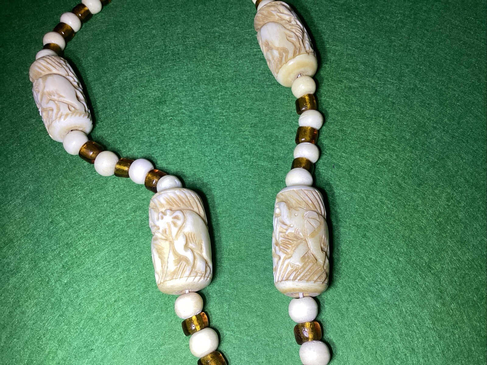 Vintage Elephant Theme Carved Bovine Bone & Amber Glass Beads 27” Necklace