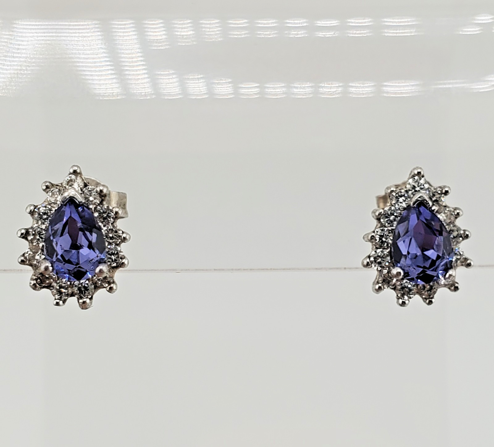 VTG 925 Purple Blue Pear Cut Crystal Stud Earrings Sterling Silver 1g Halo CZ S