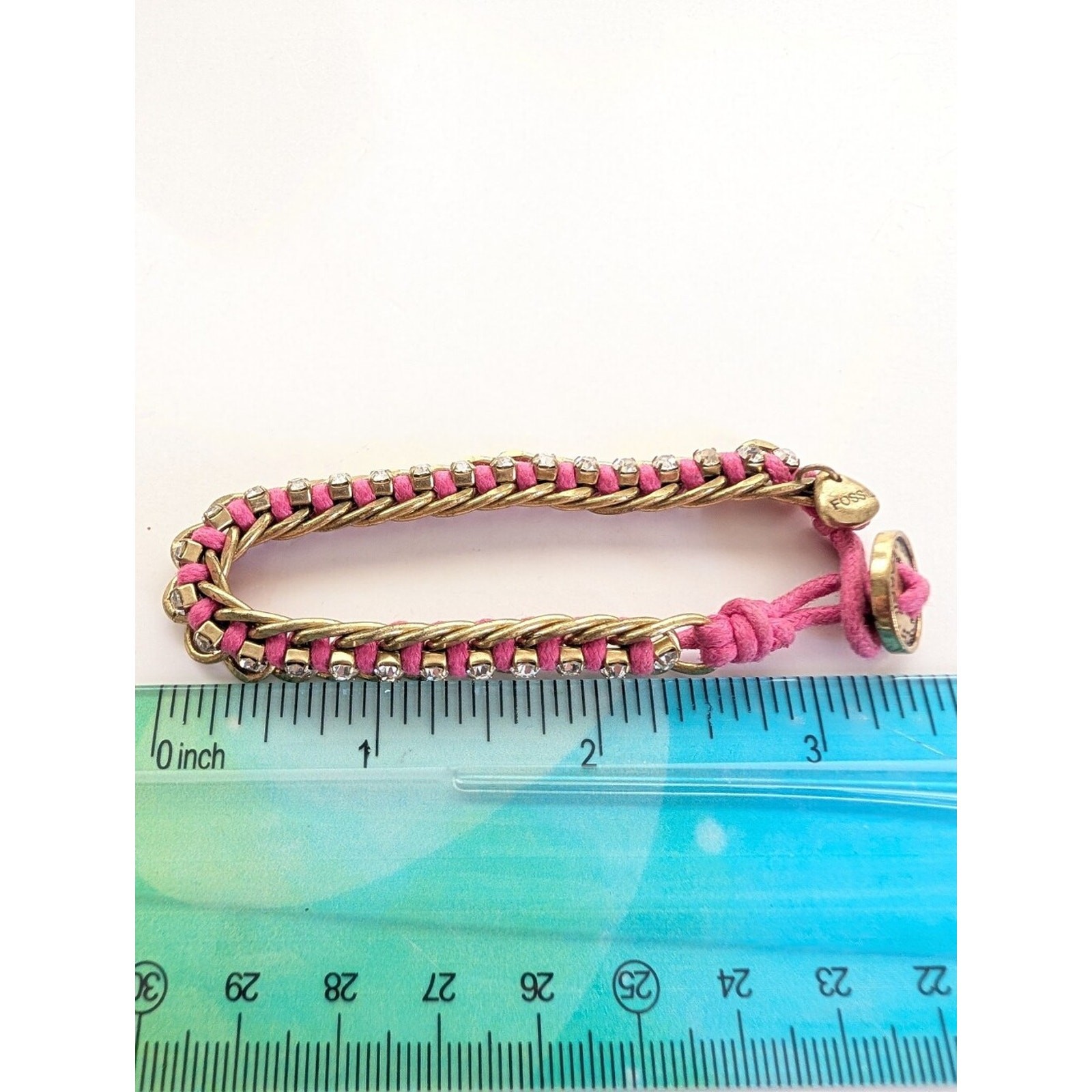 Fossil Y2K 2000s Rhinestone Gold Tone Chain Button Toggle Charm Pink Bracelet