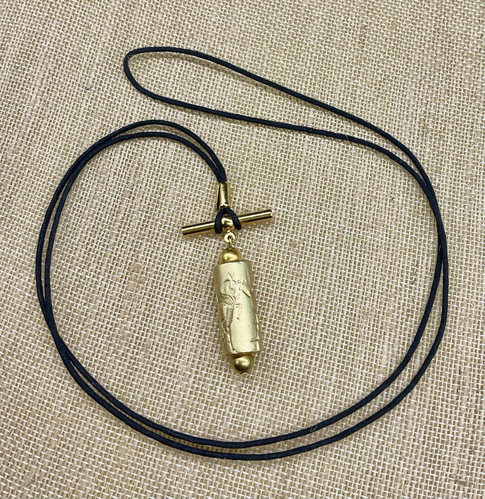 Cylinder Seal Pendant Gold Tone Unusual Design Winged Zebra & Person ?