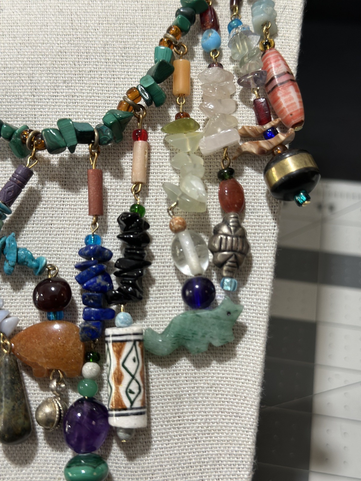 Vintage Multi Gemstone Charm Necklace Green Bead Strand Dangle Drop Boho Ethnic