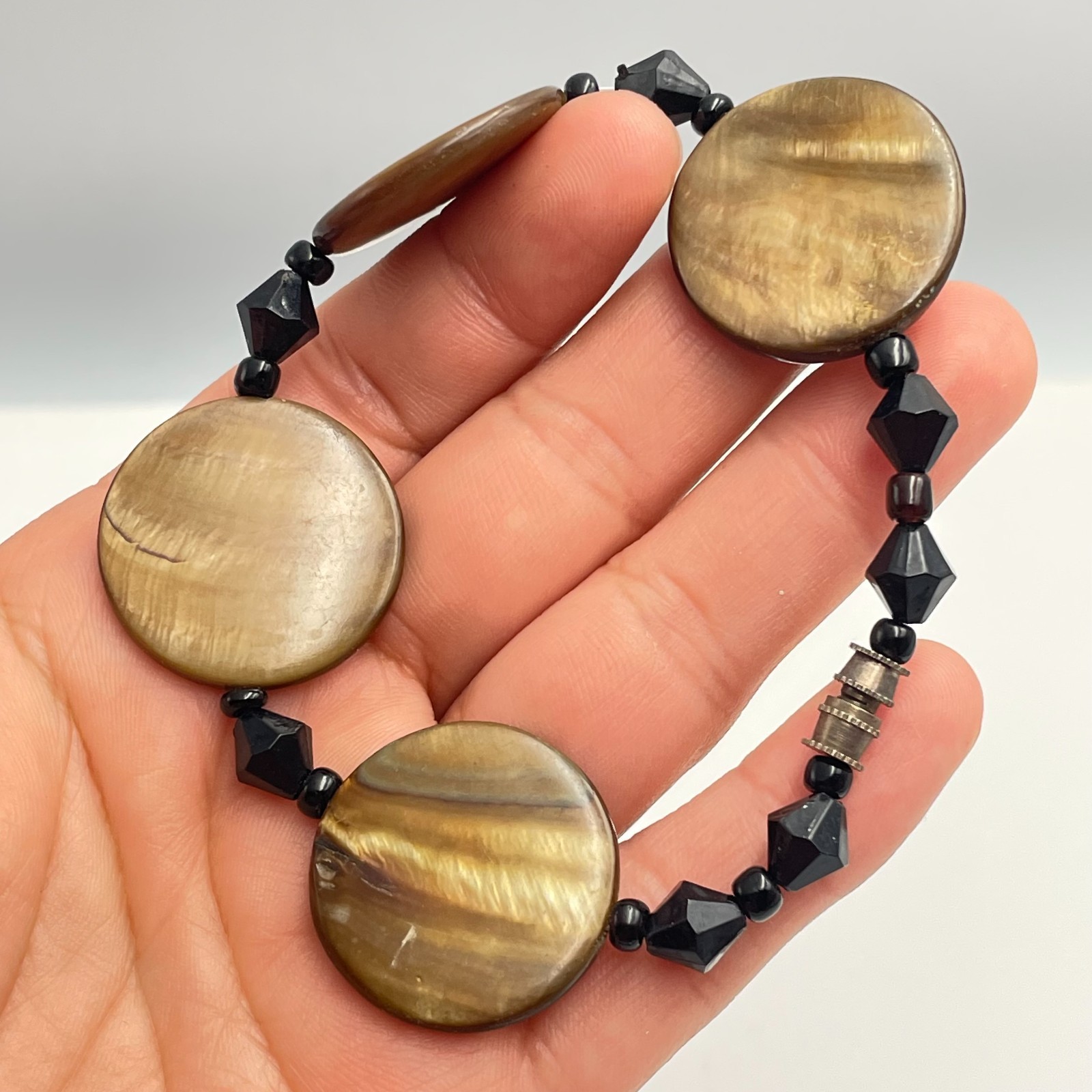 Vintage 90s Brown Shell & Black Glass Bead Bracelet Boho Earthy Minimalist Boho