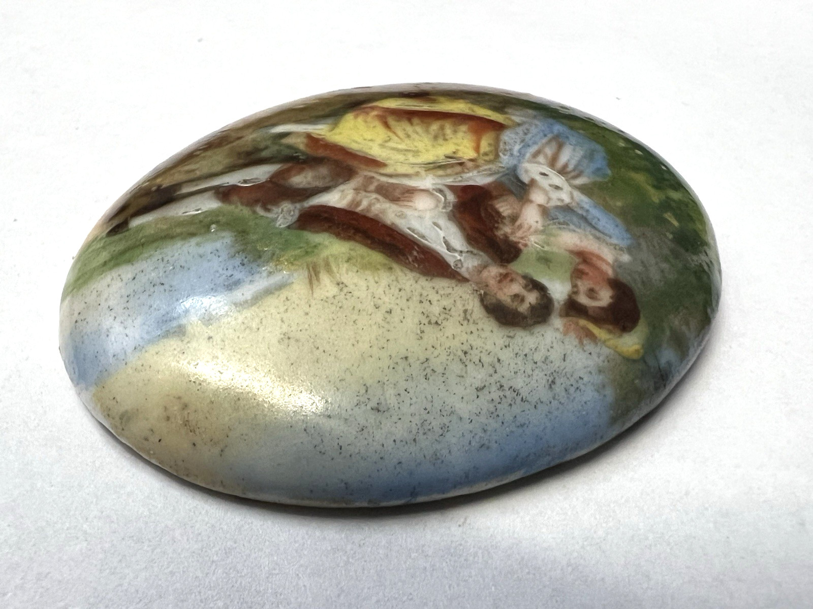 Vintage Hand Painted Porcelain Portrait Brooch Victorian Lady Oval Stone