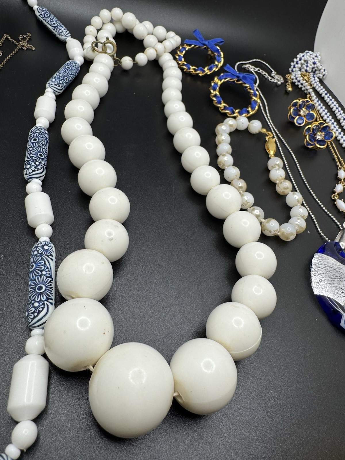 Vintage Blue White Jewelry Lot Beaded Necklaces Earrings Bracelet Boho
