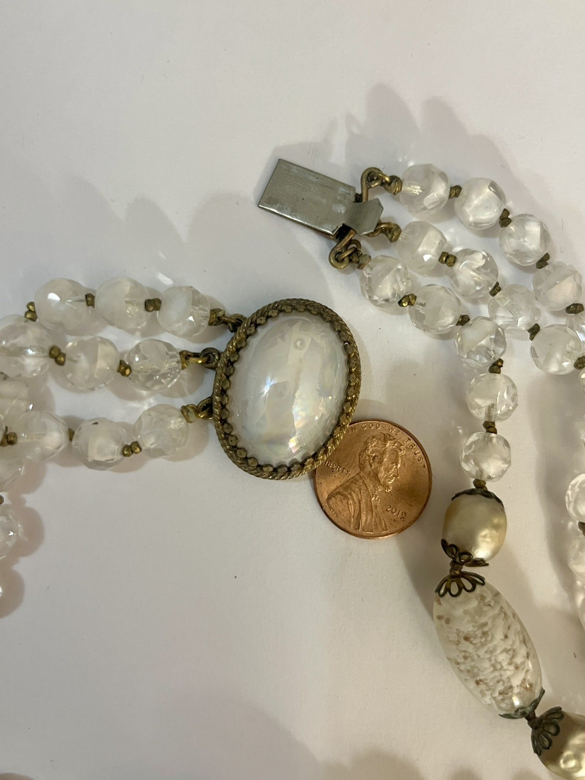 Vintage Foil Glass Necklace Murano Multistrand White Beaded Estate Jewelry Rare