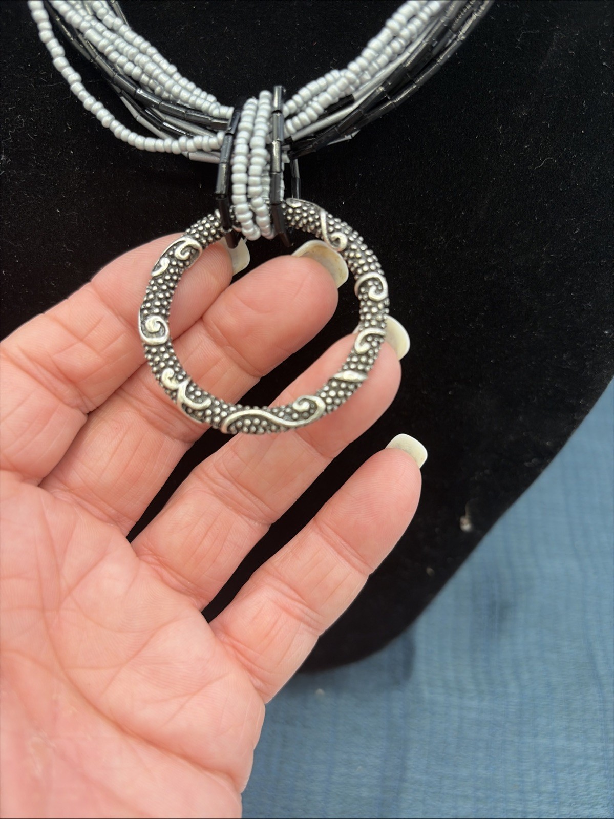 Vintage Coldwater Creek 1980s-90s Beaded 12 Strand Necklace Textured Pendant 18”