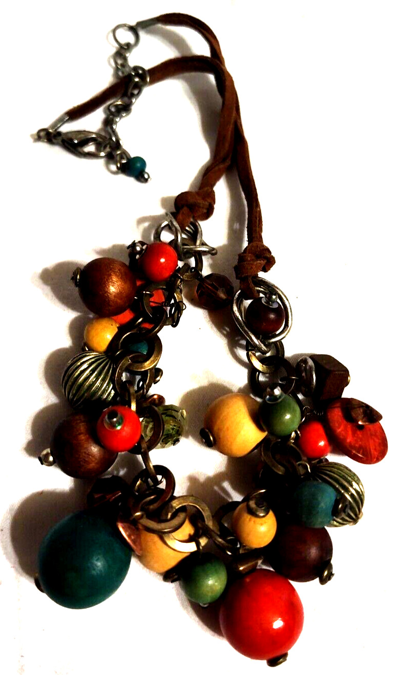 Wood Wooden 3/8″ to 3/4″ Round Beads 19″ Latigo Necklace VTG Multicolor Chunky