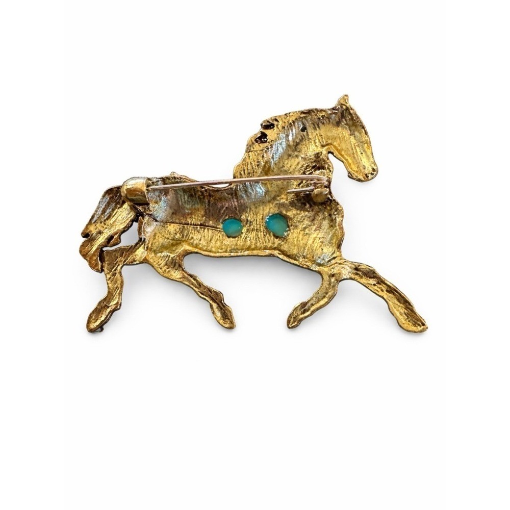 Gold Tone Horse Brooch Turquoise Cabochon Stones Vintage Style Equestrian Pin