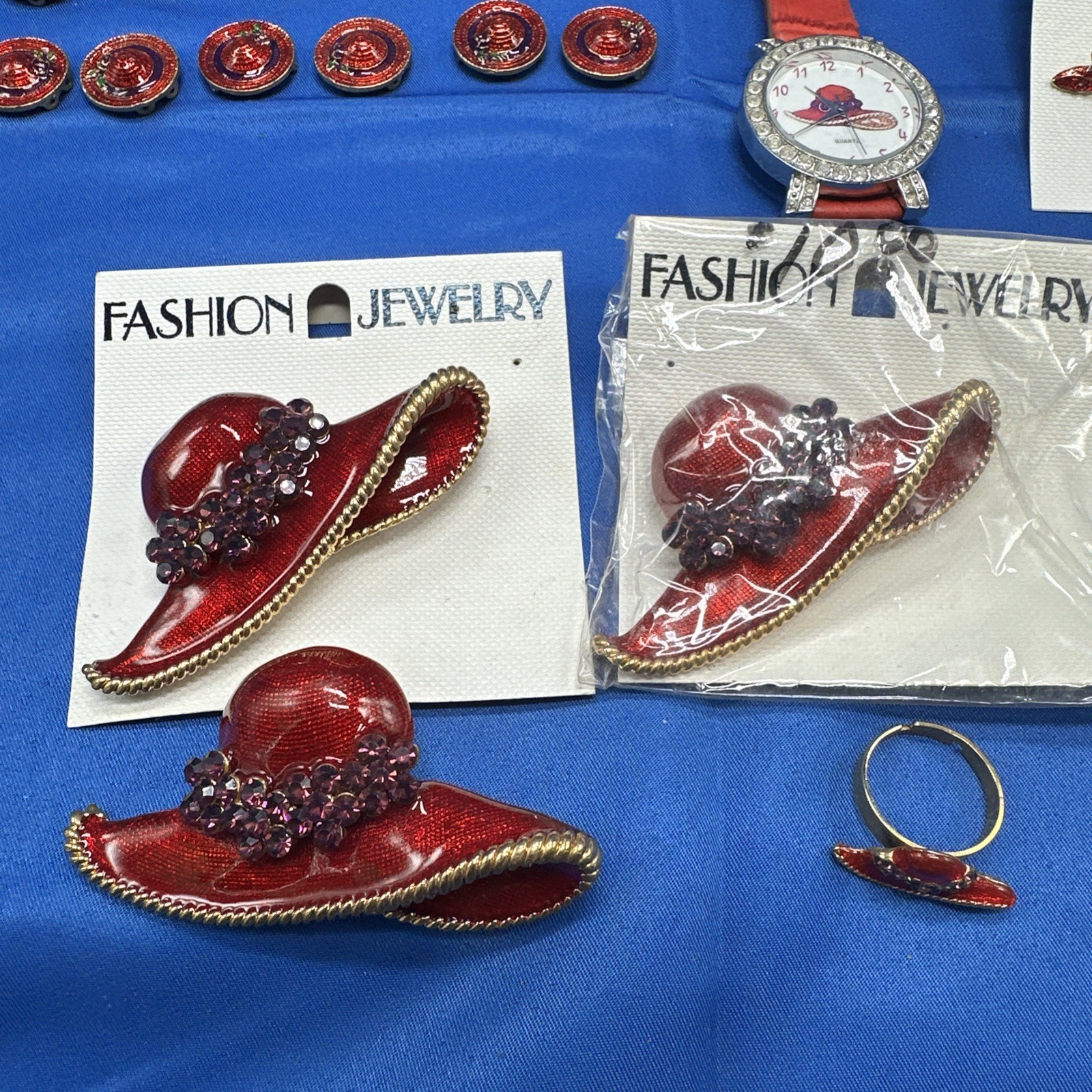 RED HAT SOCIETY JEWELRY LOT Broochs Pins Earrings Bracelet Buttons Watch