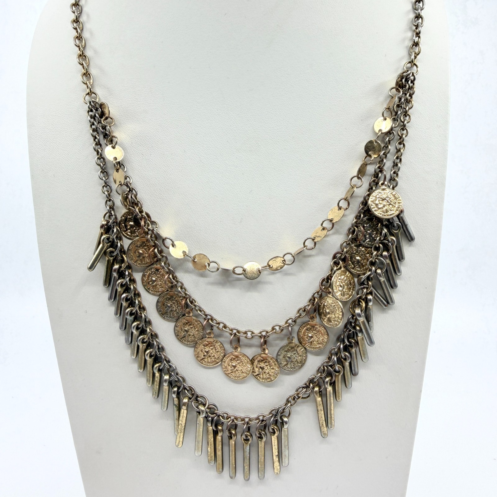 VTG Antique Gold Tone Multi Strand Coin Fringe Layered Statement BIB Necklace