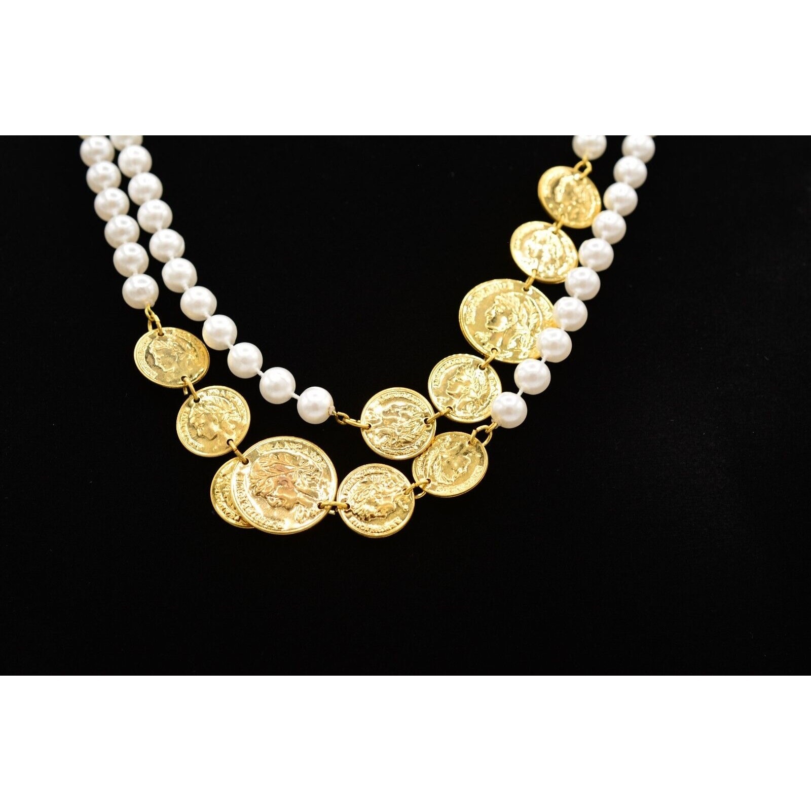 Vintage Pearl Coin Station Necklace Gold Linked White Beaded NOS 1990s BinA12