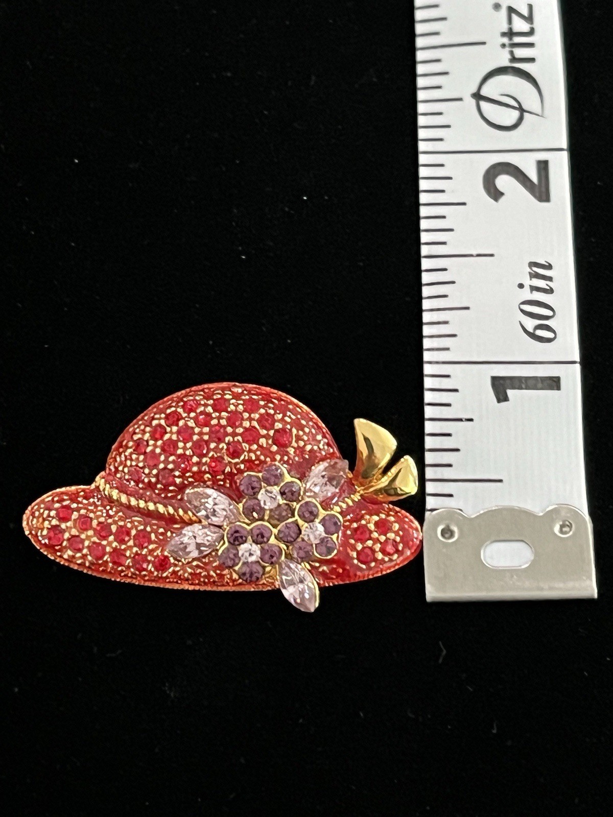 Vintage Red Hat Society Gold Tone & Rhinestone Brooch Pin