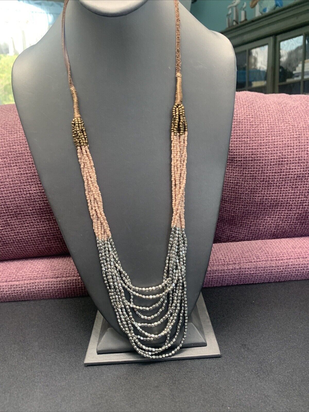Statement Boho Pendant Waterfall Necklace Beaded Silver Peach Brown 32”