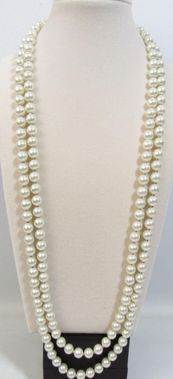 ANNE KLEIN Off White Faux Pearl And Gold Bead Necklace Lion Tag 60″