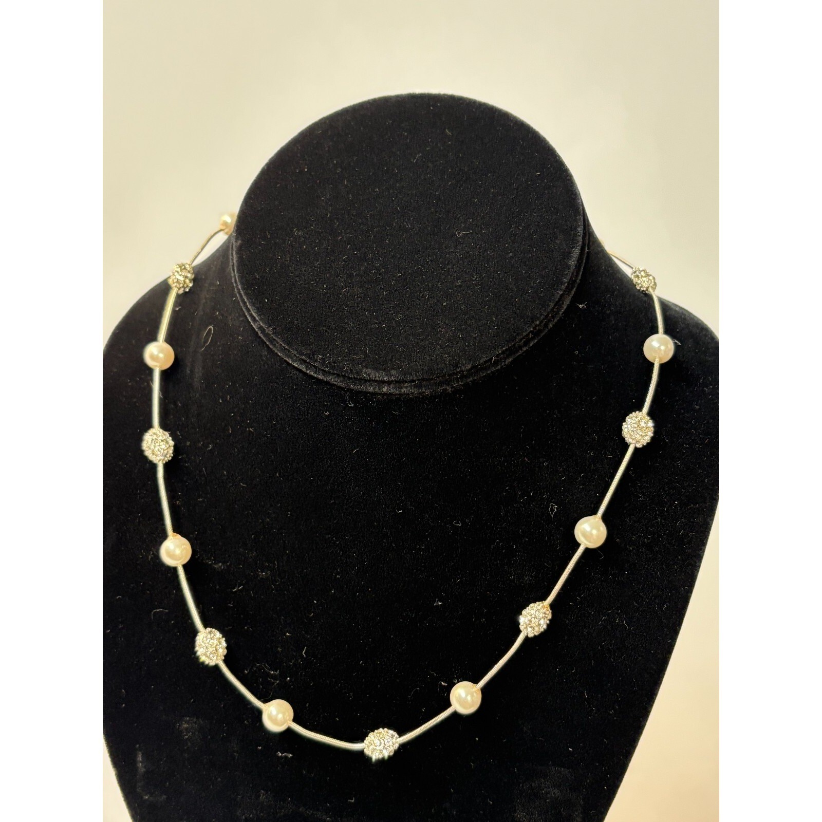 Necklace Silver Tone with Rhinestone and Pearl Retro Signed Anne Klein